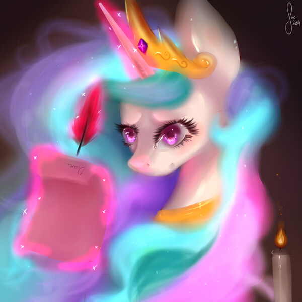 Size: 2000x2000 | Tagged: artist:saoiirse, candle, derpibooru import, magic, princess celestia, quill, safe, scroll, solo