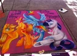 Size: 1600x1149 | Tagged: source needed, safe, artist:lexie casey, derpibooru import, apple bloom, applejack, derpy hooves, rainbow dash, rarity, scootaloo, sweetie belle, pegasus, pony, 2014, chalk, chalk art festival, chalk drawing, cutie mark crusaders, female, festival, mare, ponies riding ponies, scootalove, street art, toy, traditional art, underhoof, wink