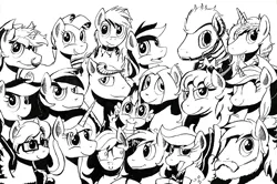 Size: 900x596 | Tagged: safe, artist:darkhestur, derpibooru import, oc, unofficial characters only, lots of characters, milestone, monochrome