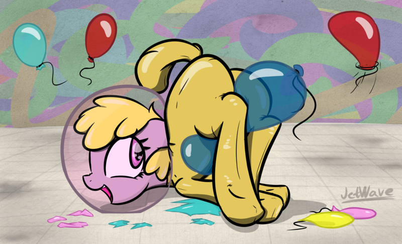 Size: 3056x1852 | Tagged: suggestive, artist:jetwave, derpibooru import, oc, oc:puppysmiles, unofficial characters only, earth pony, pony, fallout equestria, fallout equestria: pink eyes, fanfic, balloon, balloon fetish, balloon popping, fallout, fanfic art, female, fetish, filly, floppy ears, hazmat suit, hooves, open mouth, plot, riding, smiling, solo, teeth