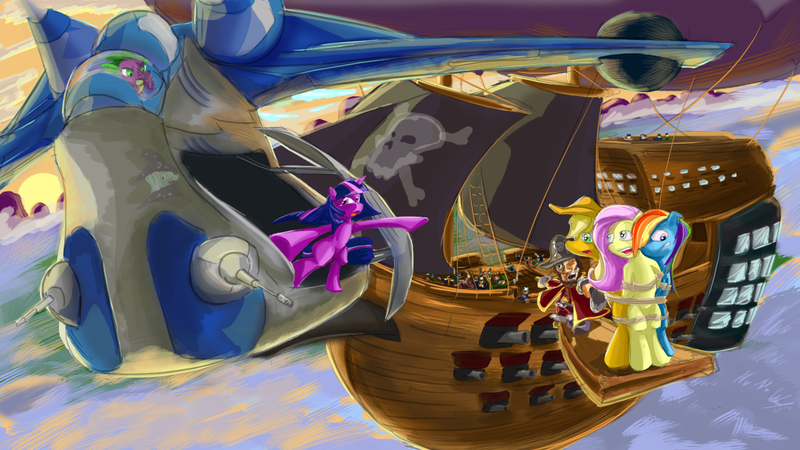 Size: 1600x900 | Tagged: safe, artist:zeeclaw, derpibooru import, applejack, fluttershy, rainbow dash, spike, trixie, twilight sparkle, deviantart link, gunship, image, jpeg, pirate, pirate ship, plank, science fiction, sky pirate