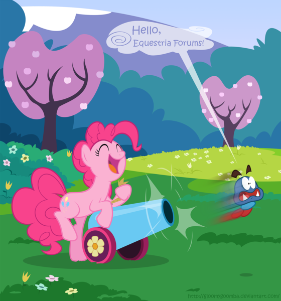 Size: 2100x2250 | Tagged: safe, artist:gloomygoomba, derpibooru import, pinkie pie, equestria forums, gloomba, goomba, party cannon, random, super mario bros.