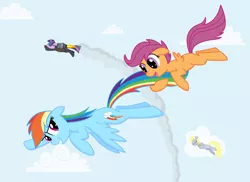 Size: 900x654 | Tagged: safe, artist:unknownbronynumber42, derpibooru import, derpy hooves, rainbow dash, scootaloo, twilight sparkle, pegasus, pony, cloud, cloudy, female, flying, jetpack, mare, scootaloo can fly, scootalove, sky, sleeping, smoke, tail hold