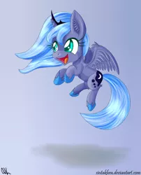 Size: 1024x1267 | Tagged: artist:sintakhra, derpibooru import, filly, flying, happy, open mouth, princess luna, safe, smiling, solo, spread wings, woona