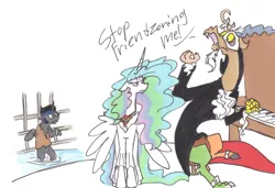 Size: 1280x875 | Tagged: safe, artist:frankilew, derpibooru import, discord, king sombra, princess celestia, pony, annoyed, bipedal, celestia is not amused, clothes, dislestia, dress, female, floppy ears, friendzone, frown, glare, good king sombra, king sombra is not amused, male, mask, phantom of the opera, piano, shipping, sitting, spread wings, straight, suit, traditional art, unamused, wide eyes, yelling