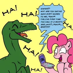 Size: 1000x1000 | Tagged: safe, artist:madmax, artist:pacce, derpibooru import, pinkie pie, princess luna, dinosaur, earth pony, pony, velociraptor, female, laughing, lunabuse, mare, mobile phone, open mouth, phone, prank call, simple background, speech bubble, yellow background