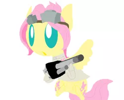 Size: 671x544 | Tagged: artist:angelstar000, ask-thecolts, butterscotch, clothes, costume, derpibooru import, dr adorable, fluttershy, goggles, rule 63, safe, simple background, solo, tumblr crossover, weapon, white background