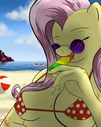 Size: 1500x1875 | Tagged: anthro, artist:discordriderr34, beach, beach ball, bikini, boat, breasts, busty fluttershy, clothes, derpibooru import, female, fluttershy, ice cream, licking, popsicle, safe, solo, swimsuit