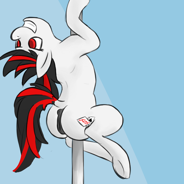 Size: 600x600 | Tagged: explicit, artist:plain, derpibooru import, oc, oc:blackjack, unofficial characters only, pony, unicorn, fallout equestria, fallout equestria: project horizons, fanfic, anatomically correct, anatomically incorrect, anus, backbend, dark genitals, fanfic art, female, grin, hooves, horn, image, mare, nudity, png, pole dancing, ponut, smiling, solo, solo female, spinus, striptease, vulva