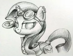 Size: 1024x798 | Tagged: artist:dynamiclines, clothes, derpibooru import, goggles, monochrome, rarity, safe, solo, steampunk, suit, traditional art