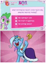 Size: 767x1058 | Tagged: artist:uotapo, cape, clothes, cute, diatrixes, equestrivia challenge, safe, spike, trixie, twilight scepter