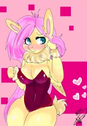 Size: 414x597 | Tagged: anthro, artist:mrscurlystyles, breasts, bunnyshy, bunny suit, busty fluttershy, cleavage, clothes, cute, derpibooru import, female, fluttershy, leotard, solo, stupid sexy fluttershy, suggestive