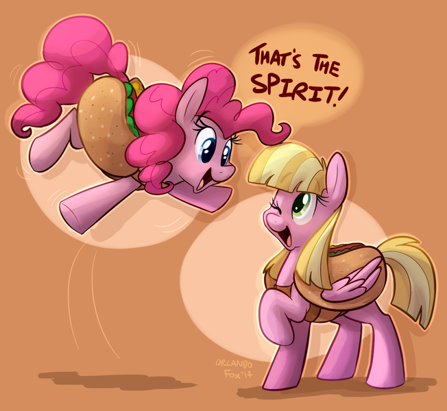 Size: 1100x1012 | Tagged: andrea libman, artist:thedoggygal, clothes, costume, derpibooru import, dialogue, food costume, hot dog, meadow flower, pinkie pie, ponified, safe, voice actor joke