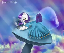 Size: 1280x1067 | Tagged: alice in wonderland, artist:zombiicrow, crossover, derpibooru import, mushroom, rarity, safe, solo