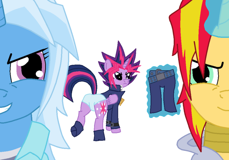 Size: 973x681 | Tagged: questionable, artist:blondenobody, derpibooru import, sunset shimmer, trixie, twilight sparkle, twilight sparkle (alicorn), alicorn, pony, assisted exposure, clothes, female, leather pants, leather shoes, magic, magic abuse, magical trio, mare, marik ishtar, millennium puzzle, panties, parody, ryo bakura, stripped by magic, underwear, undressing, yami bakura, yami yugi, yu-gi-oh!, yugi muto, yugioh abridged