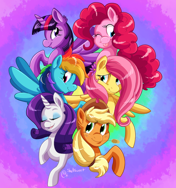 Size: 1000x1063 | Tagged: safe, artist:shellsweet, derpibooru import, applejack, fluttershy, pinkie pie, rainbow dash, rarity, twilight sparkle, twilight sparkle (alicorn), alicorn, pony, female, mane six, mare