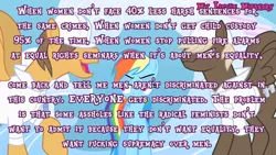 Size: 500x281 | Tagged: anti-feminism, barely pony related, drama, dumbbell, forced meme, hoops, meme, men's rights activism, meta, my little misandry, obligatory pony, op has a point, parody, parody fail, poe's law, rainbow dash, safe, text, wall of text