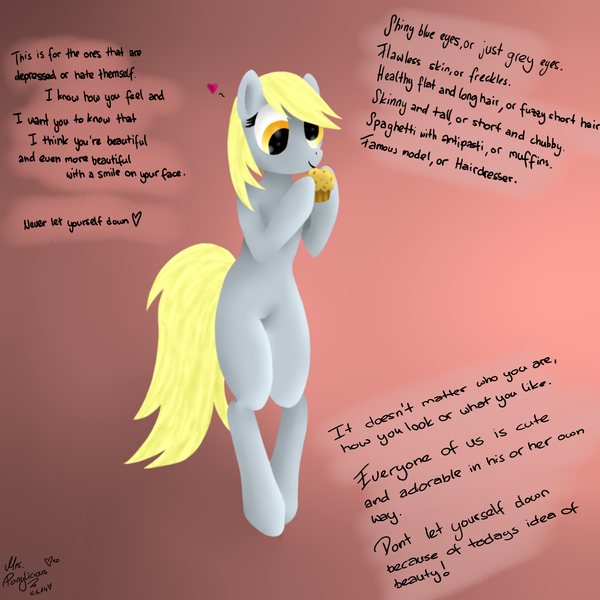 Size: 2500x2500 | Tagged: safe, artist:mrs-ponylicious, derpibooru import, derpy hooves, pony, bipedal, heart, motivational, muffin, solo