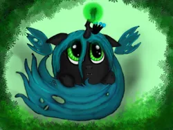 Size: 4288x3216 | Tagged: safe, artist:crimson-shield, derpibooru import, queen chrysalis, nymph, curled up, cute, cutealis, fangs, looking up, magic, prone, smiling, solo, tail