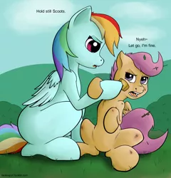 Size: 2000x2082 | Tagged: artist:riscke, bandage, bandaid, blank flank, blood, derpibooru import, injured, rainbow dash, safe, scootaloo