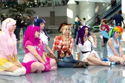 Size: 2048x1365 | Tagged: applejack, artist:aktrez, artist:ridd1e, artist:scruffyrebel, artist:xsoulxxxreaperx, artist:yayacosplay, comikaze expo, convention, cosplay, derpibooru import, feet, fishnets, fluttershy, human, irl, irl human, jessica nigri, mane six, photo, pinkie pie, rainbow dash, rarity, safe, twilight sparkle