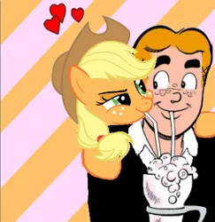 Size: 370x380 | Tagged: applejack, archie, archie comics, artist:kingoftheranbowducks, crossover, crossover shipping, derpibooru import, edit, human, love, safe, shake, straw