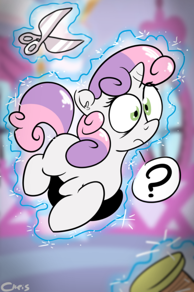 Size: 1200x1800 | Tagged: safe, artist:anotheraverageartist, derpibooru import, sweetie belle, magic, scissors, solo, this will end in tears