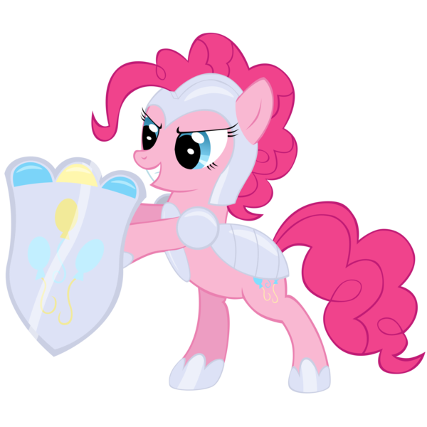 Size: 3000x3000 | Tagged: safe, artist:azure-vortex, derpibooru import, pinkie pie, pony, armor, bipedal, dark ages, glare, grin, hoof hold, shield, simple background, smiling, smirk, solo, transparent background, vector