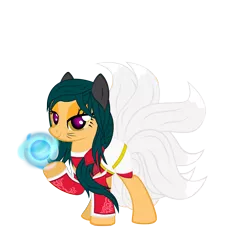 Size: 6000x6000 | Tagged: safe, artist:azure-vortex, derpibooru import, ponified, earth pony, fox pony, pony, absurd resolution, ahri, bedroom eyes, braid, clothes, crossover, fox tails, glowing eyes, kitsune, kitsune pony, league of legends, looking at you, magic, simple background, smiling, solo, transparent background, vector