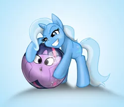 Size: 1000x859 | Tagged: safe, artist:redflare500, derpibooru import, trixie, twilight sparkle, pony, unicorn, ball, beach ball, female, inanimate tf, inflatable, inflation, mare, morph ball, objectification, transformation, twiball