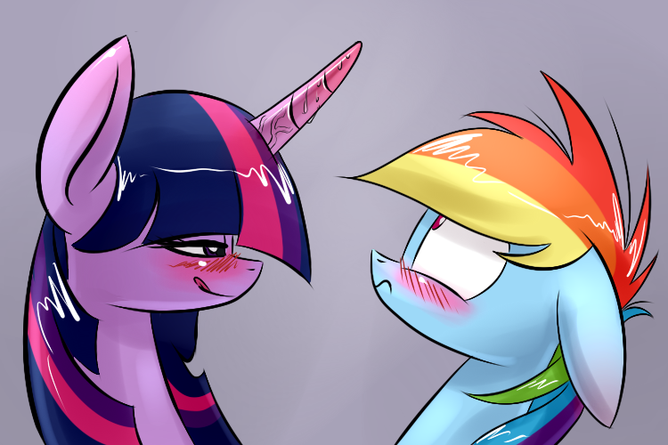 Size: 750x500 | Tagged: questionable, derpibooru import, rainbow dash, twilight sparkle, pony, unicorn, bedroom eyes, blushing, eyes on the prize, female, floppy ears, frown, hornboner, lesbian, licking lips, mare, sexy, shipping, smiling, tongue out, twidash, vein bulge, wide eyes