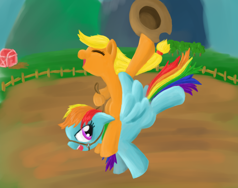 Size: 900x711 | Tagged: applejack, artist:runbowdash, bucking, derpibooru import, ponies riding ponies, rainbow dash, riding, rodeo, safe