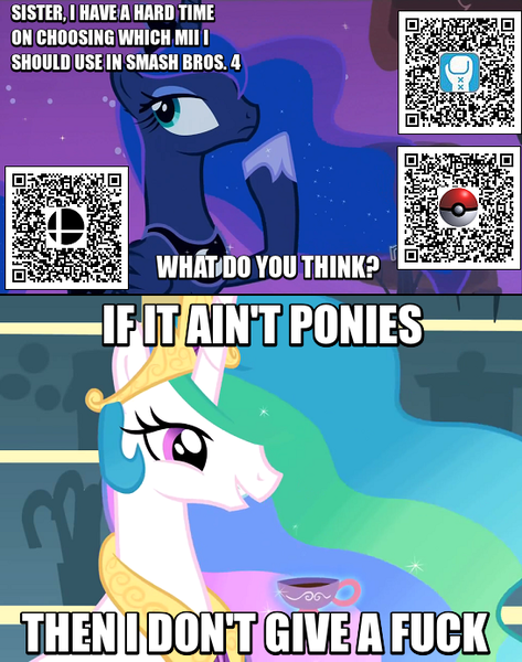 Size: 547x694 | Tagged: 3ds, derpibooru import, gamer luna, image macro, meme, mii, nintendo, obligatory pony, princess celestia, princess luna, qr code, safe, super smash bros., super smash bros. 4, vulgar, wii u