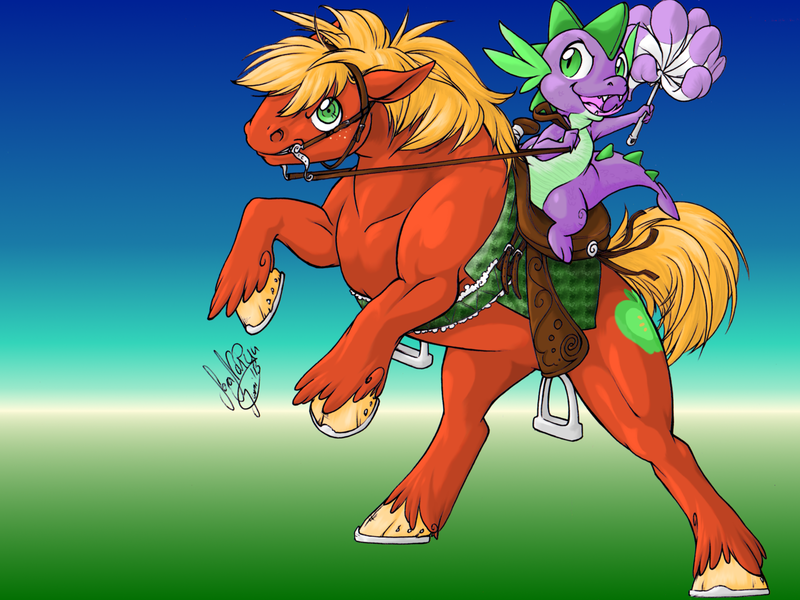 Size: 1280x960 | Tagged: safe, artist:soranoryu, derpibooru import, big macintosh, spike, dragon, earth pony, pony, bit, bridle, dragons riding ponies, duo, horseshoes, male, rearing, reins, riding, rodeo, saddle, saddle blanket, stallion, stirrups, tack