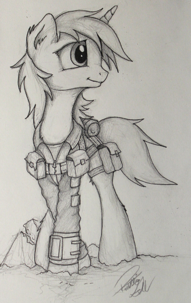 Size: 1596x2530 | Tagged: safe, artist:pajaga, derpibooru import, oc, oc:littlepip, unofficial characters only, pony, unicorn, fallout equestria, fanfic, black and white, clothes, fanfic art, female, grayscale, hooves, horn, mare, monochrome, pipbuck, solo, traditional art, vault suit