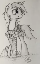 Size: 1596x2530 | Tagged: safe, artist:pajaga, derpibooru import, oc, oc:littlepip, unofficial characters only, pony, unicorn, fallout equestria, fanfic, black and white, clothes, fanfic art, female, grayscale, hooves, horn, mare, monochrome, pipbuck, solo, traditional art, vault suit