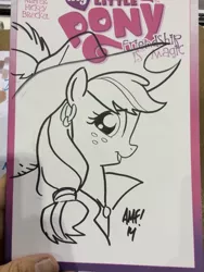 Size: 768x1024 | Tagged: applejack, artist:tonyfleecs, derpibooru import, hat, monochrome, safe, solo, traditional art