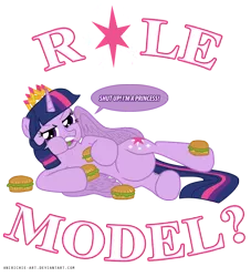 Size: 1200x1319 | Tagged: safe, artist:ladyanidraws, derpibooru import, twilight sparkle, twilight sparkle (alicorn), alicorn, pony, :t, annoyed, bloated, burger, chubby, defensive, female, food, frown, glare, hay burger, hypocritical humor, looking at you, mare, messy eating, new crown, open mouth, puffy cheeks, side, solo, spread wings, twilight burgkle