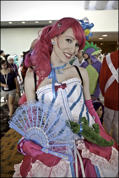 Size: 673x1006 | Tagged: 2012, artist needed, clothes, convention, cosplay, derpibooru import, dignified wear, dress, evening gloves, fan, gala dress, gummy, human, irl, irl human, otakon, photo, pinkie pie, safe