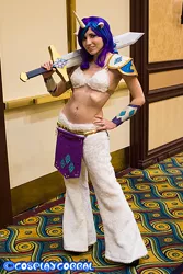 Size: 600x900 | Tagged: 2013, anime los angeles, artist:blakstarr, bellyring, convention, cosplay, derpibooru import, human, irl, irl human, photo, rarity, safe, satyr, solo, sword, unconvincing armor, weapon