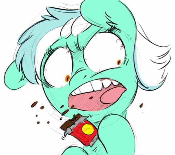 Size: 761x673 | Tagged: artist needed, safe, derpibooru import, lyra heartstrings, pony, unicorn, angry, balloonshop, chocolate, cropped, food, messy eating, parody, shrunken pupils, simple background, solo, white background