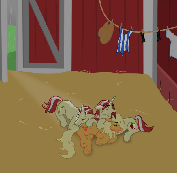 Size: 944x922 | Tagged: applejack, artist:castorochiaro, barn, derpibooru import, female, flam, flamjack, flim, flim flam brothers, flimflamjack, flimjack, male, safe, shipping, sleeping, straight