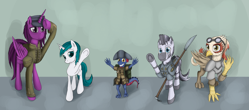 Size: 6765x3000 | Tagged: safe, artist:pantzar, derpibooru import, oc, unofficial characters only, alicorn, dragon, gryphon, pony, unicorn, zebra, fallout equestria, alicorn oc, blank flank