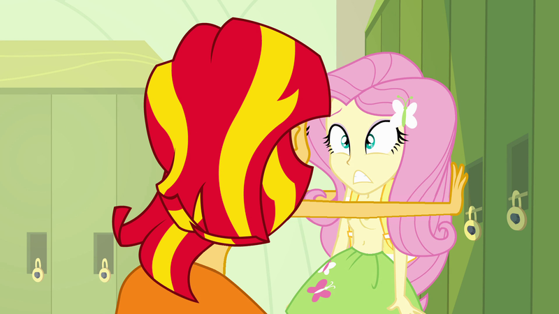 Size: 1920x1080 | Tagged: questionable, derpibooru import, edit, edited screencap, screencap, fluttershy, sunset shimmer, equestria girls, backpack, belly button, breasts, clothes, confrontation, exhibitionism, female, frightened, midriff, nipples, partial nudity edit, scared, skirt, topless