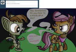 Size: 1280x872 | Tagged: artist:fillerartist, ask, ask scootabot, derpibooru import, featherbot, featherbot answers, featherweight, glowing eyes, night, rip off, safe, scootabot, scootaloo, speech bubble, tumblr