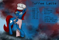 Size: 2170x1504 | Tagged: artist:pantzar, chef, derpibooru import, fallout equestria, oc, oc:toffee latte, reference sheet, safe, solo, unofficial characters only