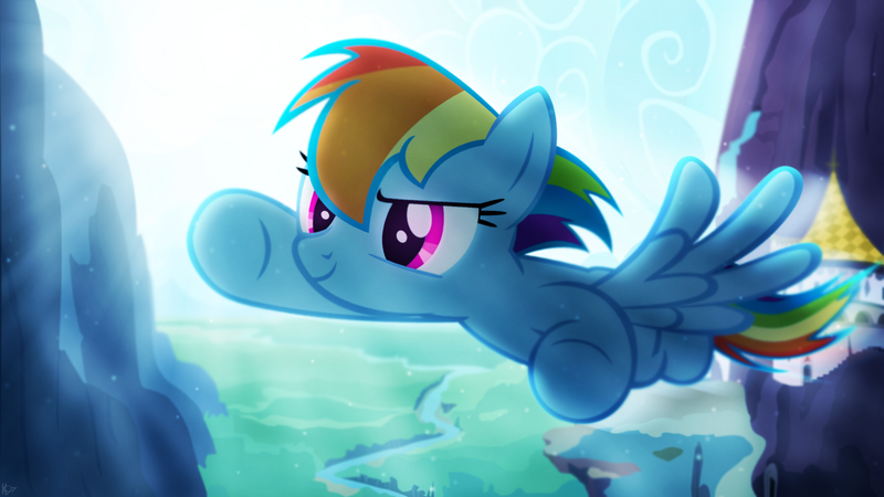 Size: 1920x1080 | Tagged: safe, artist:cloudshadezer0, artist:karl97, derpibooru import, rainbow dash, pegasus, pony, canterlot, female, flying, lens flare, mare, solo, vector, wallpaper