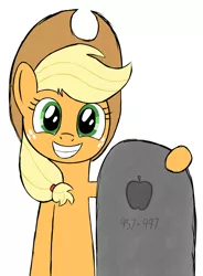 Size: 1685x2285 | Tagged: applejack, applejack cries on the inside, applejack's parents, artist:zaponator, derpibooru import, family photo, father's day, grave, gravestone, grin, hug, implied death, looking at you, my parents are dead, pa apple, safe, simple background, smiling, solo, stepford smiler, we are going to hell