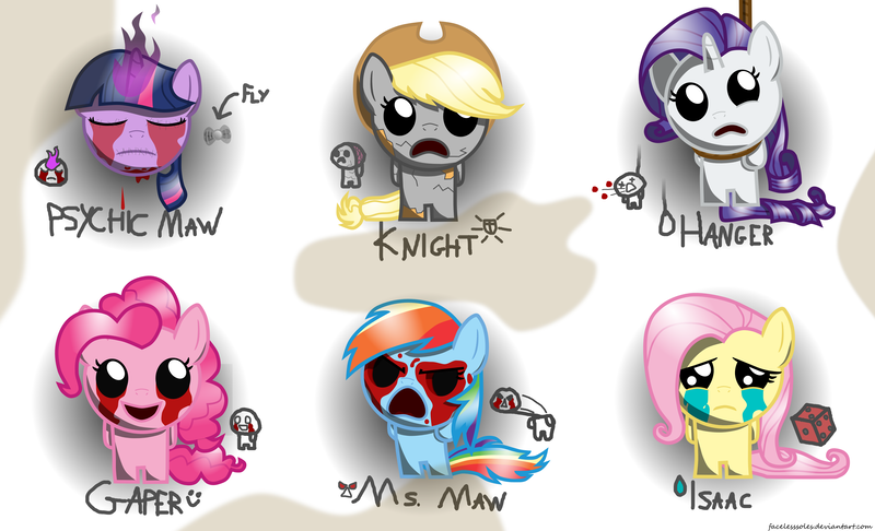 Size: 5471x3324 | Tagged: semi-grimdark, artist:facelesssoles, derpibooru import, applejack, fluttershy, pinkie pie, rainbow dash, rarity, twilight sparkle, earth pony, fly, pegasus, pony, unicorn, :c, angry, biblethump, blood, c:, chibi, crying, eye twitch, frown, glare, hanged, hanging, hanging (by neck), looking at you, mane six, noose, sad, smiling, tears of blood, the binding of isaac, wat, x eyes