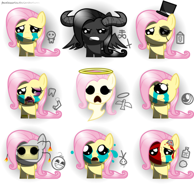 Size: 4608x4373 | Tagged: absurd resolution, artist:facelesssoles, biblethump, black eye, blood, brimstone, chemical peel, crying, dead dove, demon, derpibooru import, dr. fetus, epic fetus, fluttershy, grimdark, halo, hat, lord of the pit, lucky foot, mr. mega, polyphemus, pyro, sad onion, small rock, the binding of isaac, top hat, tough love